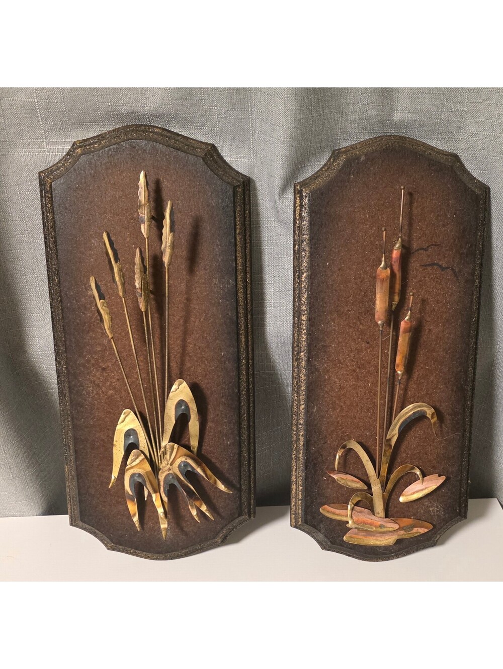 VTG MCM Pair of Metal Wall Plaques with Botanical Design